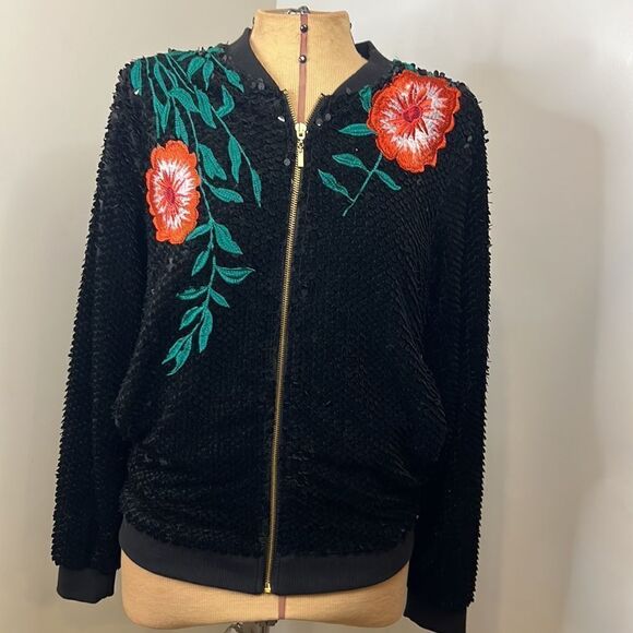 NWT Gianni Bini Sequin Zip Jacket with Floral Embroidery - Size Small - Picture 3 of 15